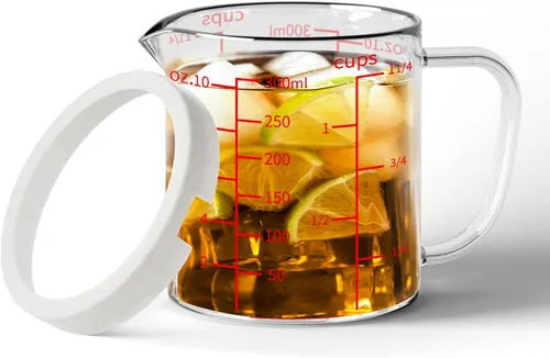77L Vaso medidor de vidrio, 1 1/4 taza/10.1 fl oz, taza medidora con mango y boquilla en forma de V, vaso de vidrio con tres escalas (OZ, taza, ML),