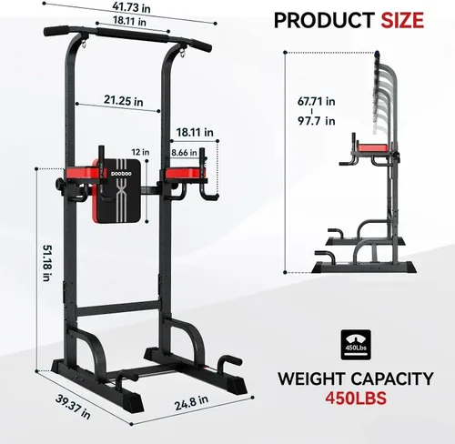 Miniatura 7 de Pooboo Power Tower Dip Station Pull Up Bar for Fitness Home Gym Workout,450 Pounds Multi-Function Adjustable Height Fitness Strength Training