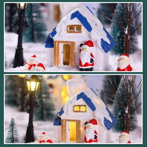 Miniatura 9 de Namalu Juego de 34 Piezas Casas de Pueblo Navideño, Juego de Accesorios Mini Árboles de Navidad, Santa, Muñeco de Nieve, Lámparas de Calle