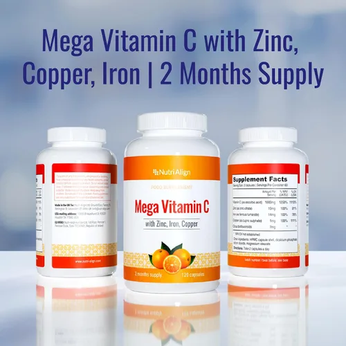 Miniatura 6 de Nutri-Align Mega Vitamina C 120 cápsulas de vitamina C de alta resistencia de 1000 mg - VIT C y suplemento de zinc, hierro y cobre Suplementos