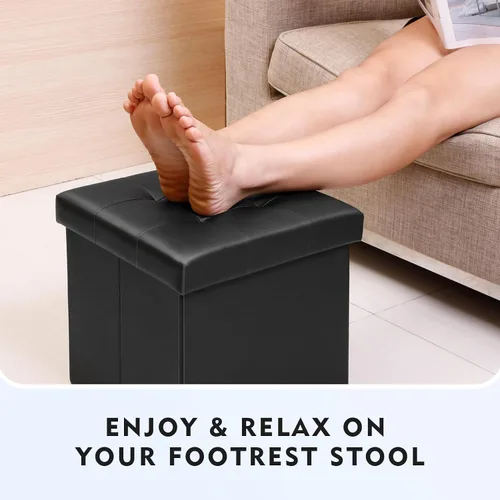 Miniatura 7 de B FSOBEIIALEO Cubo pequeño otomano de almacenamiento, reposapiés, asiento de piel sintética para dormitorio, color negro, 12.6 x 12.6 x 12.6