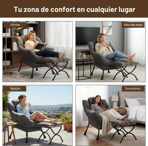 Miniatura 7 de Welnow - Silla perezosa con otomana, moderna silla de descanso con reposabrazos y bolsillo lateral, sillón de sofá tapizado de ocio, sillón de Gris