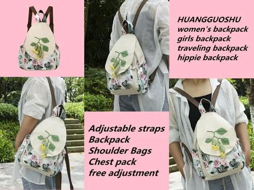 Miniatura 15 de HUANGGUOSHU Mochila de algodón tejida de algodón bohemio con bordado de lona estilo bohemio con múltiples bolsillos retro linda mochila cartera