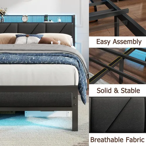 Miniatura 6 de Furnulem Base de cama individual con luz LED y estación de carga, cabecera de almacenamiento tapizada gris con estante, cama de plataforma de metal