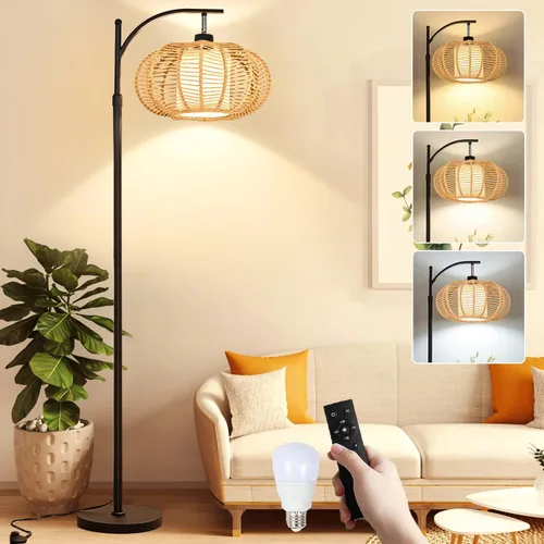 ZECOXOL Lámparas de pie de arco para sala de estar, dormitorio, lámpara de pie bohemia de ratán con control remoto, lámpara de pie LED regulable,