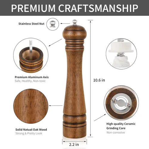 Miniatura 4 de 1 paquete de molinillo de pimienta de madera, XWXO molinillo de sal de 10 pulgadas y shaker de pimienta, molinillo de pimienta con rotor de cerámica