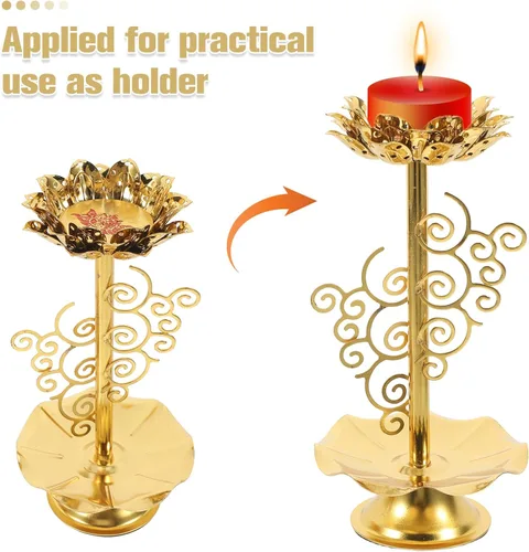 Miniatura 2 de 2 portavelas de loto de aleación dorada, soporte de lámpara de mantequilla budista para meditación, altar del hogar y decoración del templo, diseño