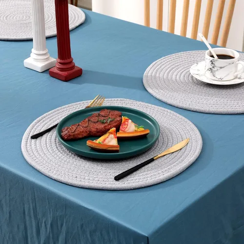 Miniatura 4 de Paquete de 4 manteles individuales de tejido ovalado y juego de 4 posavasos redondos de tela, manteles resistentes al calor, antideslizantes, Negro