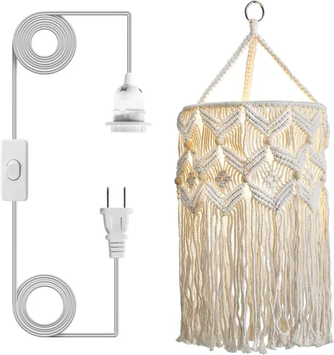 Bioaqua Pantalla de lámpara bohemia, pantalla colgante de macramé, lámparas bohemias hechas a mano con cable enchufable, lámpara colgante bohemia