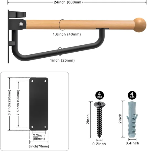 Miniatura 7 de Dolibest Barra de seguridad para inodoro de 24 pulgadas, barra de agarre plegable para inodoro, barra de agarre de madera montada en la pared