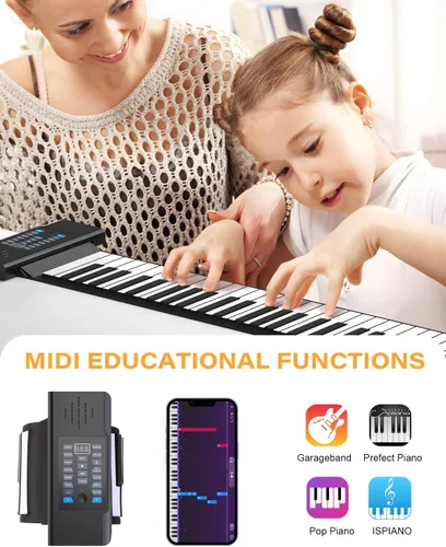 Miniatura 3 de KONIX Piano portátil recargable enrollable de 61 teclas, piano de mano mejorado con teclado flexible de silicona, salida MIDI, conexión