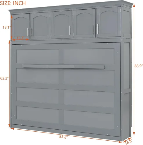 Miniatura 2 de Merax Moderno mueble Murphy con armarios superiores, plataforma de pared de madera maciza, no necesita somier, fácil de montar, color gris