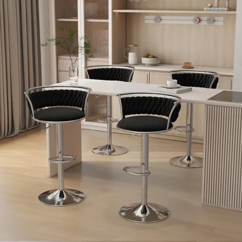Miniatura 8 de Juego de 2 taburetes de bar giratorios de 360°, silla de bar de terciopelo ajustable a altura de mostrador moderna, taburete de metal plateado