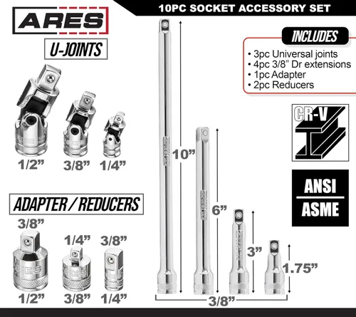 Miniatura 2 de ARES 71270 - Juego de accesorios de 10 piezas, acero al cromo vanadio de alta calidad con acabado espejo, incluye adaptadores de enchufe
