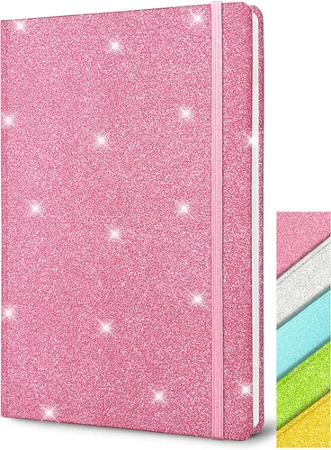 Cuaderno rosa con purpurina, 8.3 x 5.7 pulgadas, 160 páginas rayadas con purpurina que nunca se despega, diario brillante para niñas, cuadernos de