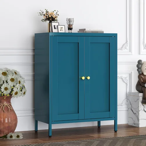 Miniatura 21 de Armario de almacenamiento de metal negro con 2 puertas, soporte de TV de 25 pulgadas de alto, armario de 2 niveles con estantes ajustables, gabinete
