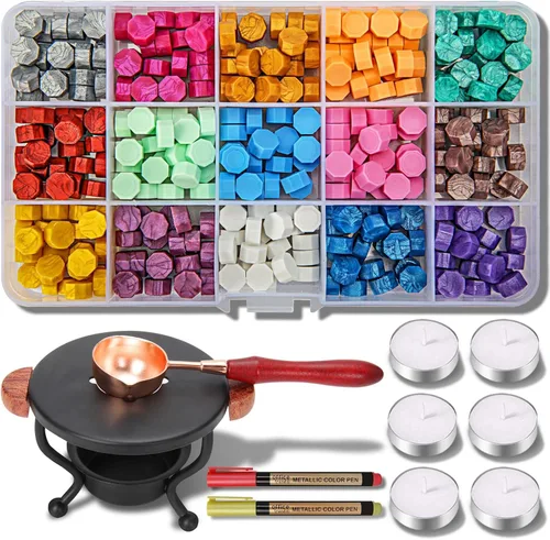 YIPLED Kit de cera de sellado, 310 piezas con cuentas, 2 bolígrafos, calentador, cuchara de sello y velas para sellado de cartas, sobres,