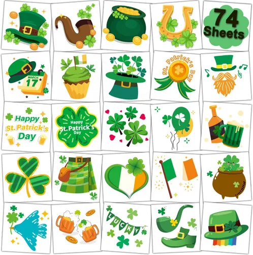 CHARLENT Tatuajes temporales del día de San Patricio para suministros de fiesta de niños, 74 hojas individuales, tatuajes del día de San Patricio