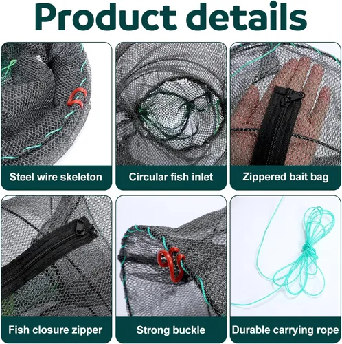 Miniatura 3 de Paquete de 4 trampas plegables resistentes para cangrejos de 11.81 x 11.81 x 23.62 pulgadas, trampa plegable para cebo de pesca para camarones