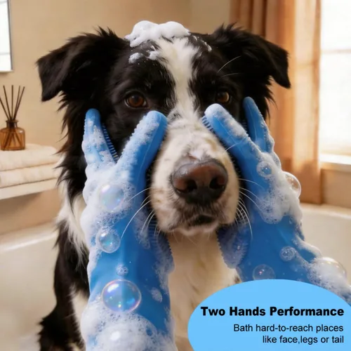 Miniatura 3 de 3 piezas de suministros de baño para perros, guantes de lavado para perros y cepillo de champú para mascotas, guante de lavado con 3000 cerdas Azul