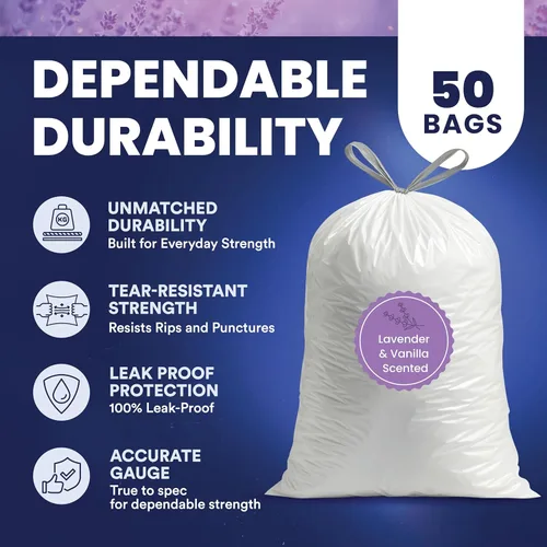 Miniatura 4 de Plasticplace Bolsas de basura blancas con cordón de 13 galones │ 1.2 mil │ Bolsas de basura con aroma a lavanda y vainilla suave │ 24 x 31 pulgadas