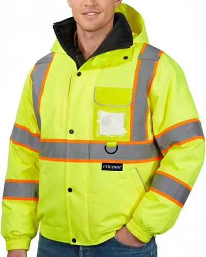 TICONN Waterproof Safety Bomber Jacket, Winter Rain Jacket Hi Vis Reflective, ANSI Class 3 Work Rain Coat