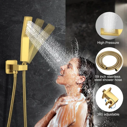 Miniatura 4 de JOMEOO® Juego de grifo de ducha de 12 pulgadas en oro cepillado, sistema de ducha montado en la pared con cabezal de ducha de lluvia de alta presión