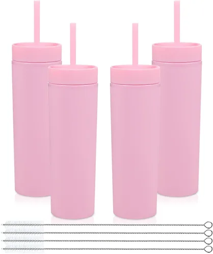Miniatura 10 de Volhoply Vaso delgado de plástico de 16 onzas con tapa y pajita, paquete de 4 unidades, vasos aislados de doble pared de acrílico mate, sin BPA