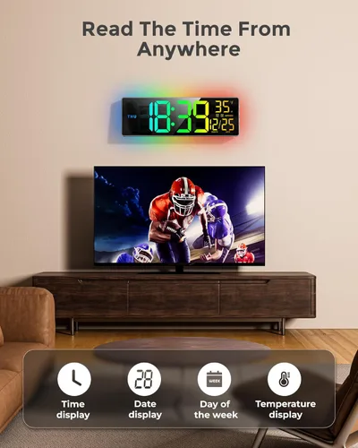 Miniatura 2 de EASYERA Reloj de pared digital grande de 16.5 pulgadas con sincronización BT, luces RGB con control remoto de 11 escenas, reloj LED grande