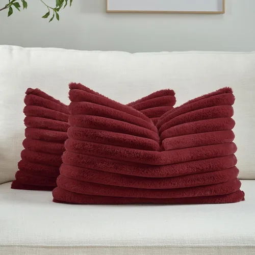 Miniatura 28 de FUTEI - Juego de 2 fundas de almohada decorativas con rayas, cuadradas, para invierno, piel sintética de conejo suave y acogedora y respaldo