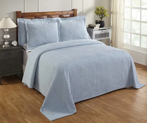 Better Trends Colchas de Chenille Tamaño Individual, Azul 100% Algodón Chenille Diseño de Rayas Acolchado Cobertor Suave Liviano, 96"x110" con 1