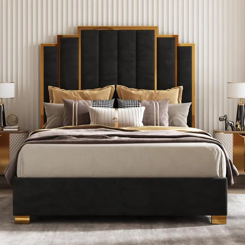 AMERLIFE Cama tapizada tamaño Queen, marco de cama de terciopelo moderno con cabecera de ribete dorado de 61.4 pulgadas de alto, no necesita somier,