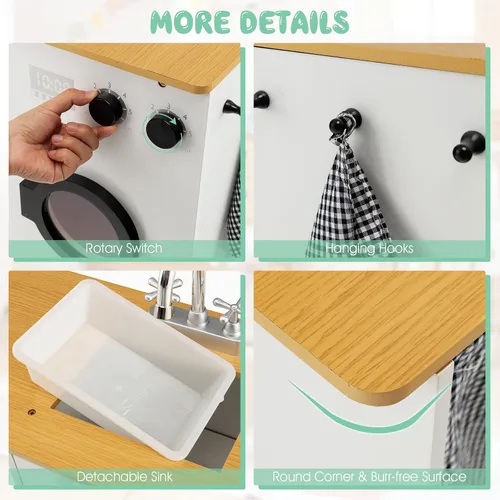 Miniatura 6 de Costzon Cocina de Juego de Esquina de 2 Piezas, Cocina de Juego de Madera con Lavadora, Luz y Sonido Realistas, Cafetera, Estufa y Accesorios