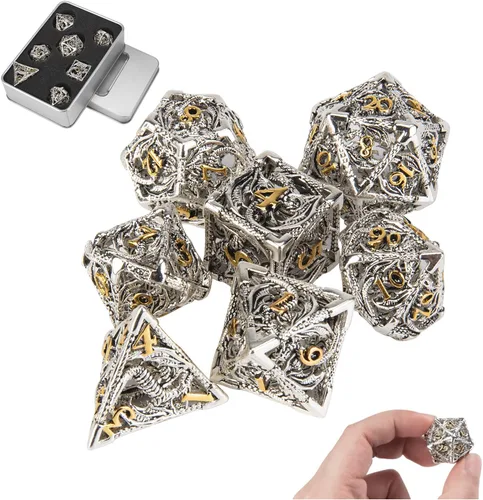 Miniatura 10 de Dados DND, dados de metal huecos D&D, juego de dados de mazmorras y dragones con caja de regalo, 7 piezas de juegos de dados poliédricos steampunk