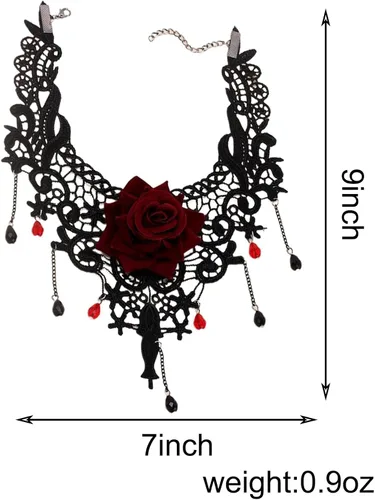 Miniatura 6 de Gargantilla gótica de encaje negro rosa roja para mujer, Zinc, No es una piedra preciosa