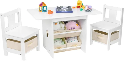 Juego de mesa y silla para niños (2 sillas incluidas), juego de mesa y sillas de madera para niños pequeños con 6 cajas de almacenamiento, muebles