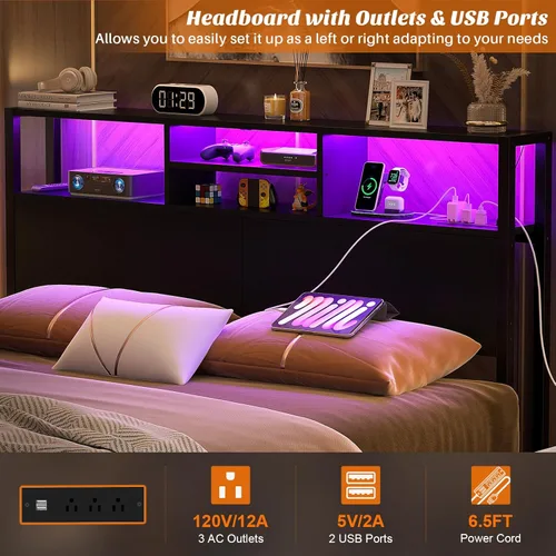 Miniatura 3 de Cabecero Aheaplus para Cama Individual con Almacenamiento, Cabeceros con Enchufes, Puertos USB y Luz LED, Cabecero Individual Solo, Altura