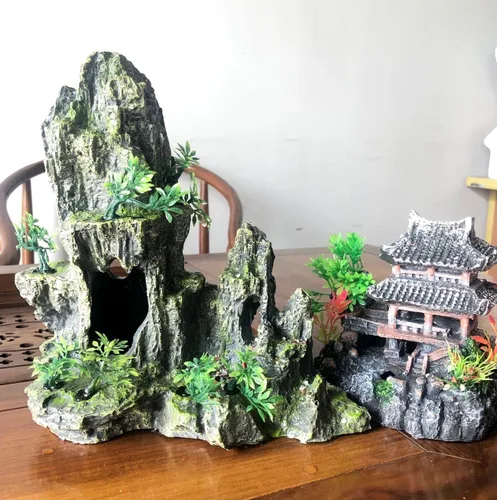 Miniatura 6 de AWXZOM Kit de decoración de acuario extra grande – "Templo antiguo en la montaña", decoraciones japonesas de acuario de resina, castillo, decoración