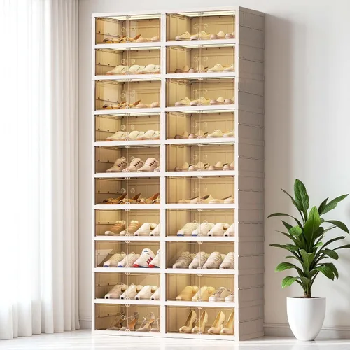 Miniatura 6 de Organizador plegable para zapatos para armario, 9 niveles, 18 pares, apilable, estante de zapatos plegable con puertas, organizador de zapatos