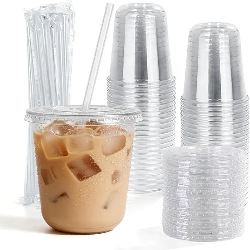 Miniatura 13 de Astomi Vasos de plástico desechables de 10 onzas, tazas de café helado transparentes con tapas y pajitas, vasos de plástico resistentes y seguros