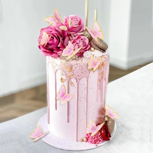 Miniatura 2 de Juego de 11 unidades de decoraciones de mariposa para pastel rosa dorado - Decoración de pastel de feliz cumpleaños de metal dorado (LL-652)