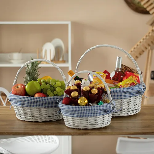 Miniatura 2 de WICKERWISE Cesta de regalo tradicional de sauce redondo blanco con forro a cuadros y asas resistentes, cesta de almacenamiento de aperitivos