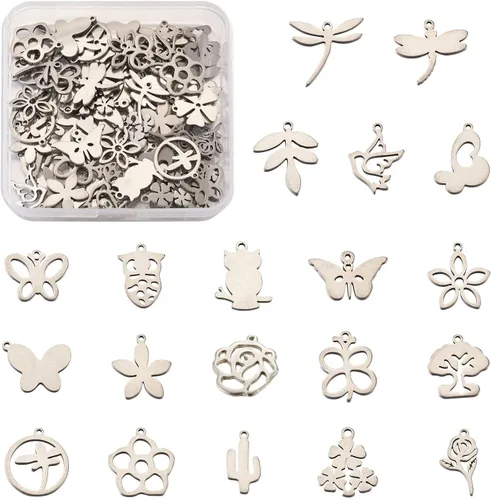 Pandahall - Dijes de acero inoxidable surtidos de metal, estrella y luna, flor, animal para hacer pulseras, collares, aretes, Acero inoxidable,