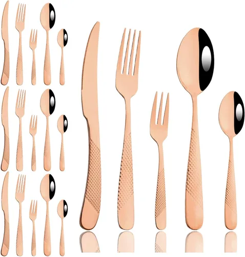 Miniatura 10 de JASHII Rainbow - Juego de cubiertos martillados, 20 piezas de utensilios de cocina de acero inoxidable de alta calidad, para 4, incluye tenedor