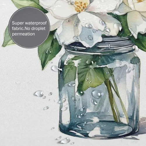 Miniatura 4 de YLATY3027 - Cortina de ducha con estampado de flores y flores para baño, juego de cortina de ducha bohemia con hojas verdes y flores blancas, tela