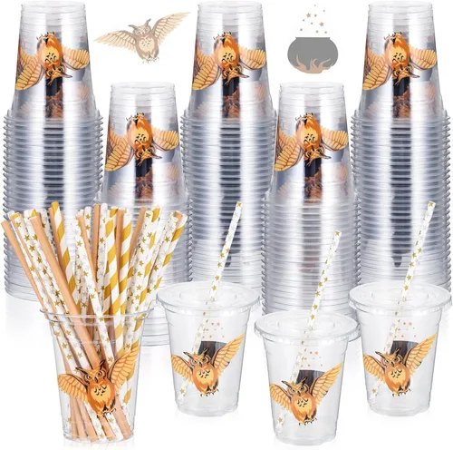 Roowest Juego de 120 vasos desechables de plástico de 12 onzas con tapas y pajitas para niños y niñas, mago para Halloween, cumpleaños, bebidas