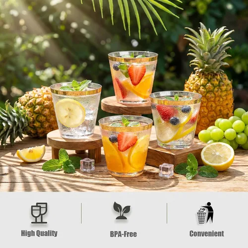 Miniatura 5 de I00000 Paquete de 200 vasos de plástico dorados, elegantes vasos de plástico transparente de 9 onzas, copas de vino desechables con borde dorado