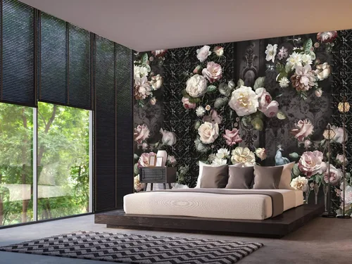 Miniatura 3 de Papel tapiz 3D con diseño de cerca negra, pavo real, pájaro, rosas en rosa, amarillo y blanco para decoración de dormitorio y sala de estar 158" x