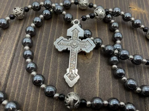 Miniatura 7 de Nazareth Store Pardon Hematite - Rosario para hombre cuentas negras de acero inoxidable medalla milagrosa y cruz de nuestro padre 20 pulgadas