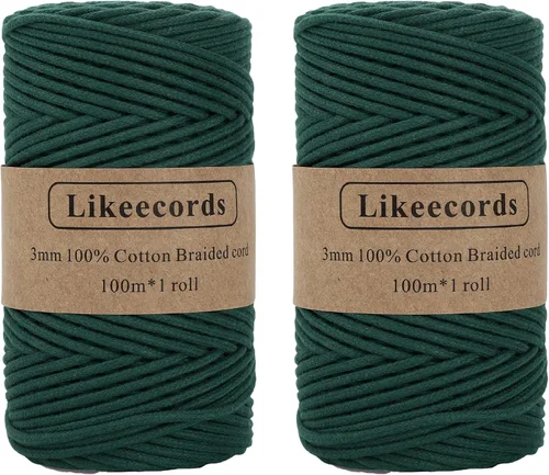 Miniatura 75 de Cordón de Algodón Trenzado 3mm x 109 yardas - Cuerda de Macramé Colorida para Manualidades, Ganchos, Colgantes de Pared - 100% Algodón Natural